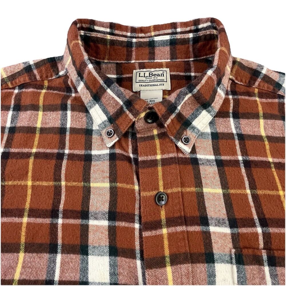 LL Bean Flannel Shirt Mens L Brown Plaid Traditional Fit Button Down Cotton